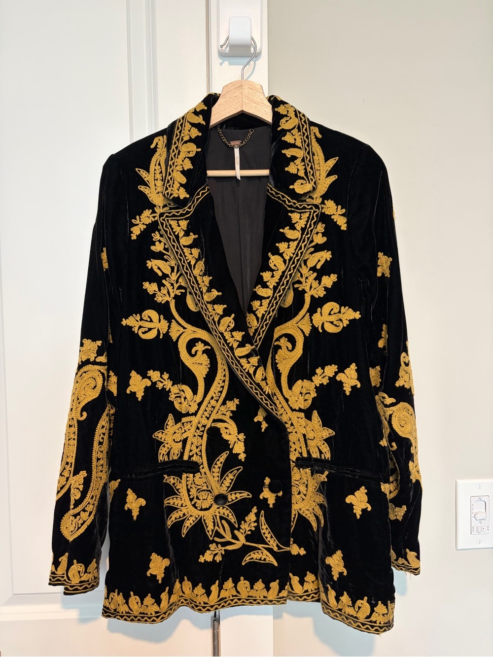 Free People Black Velvet Blazer with Gold Embroidered Floral Pattern
